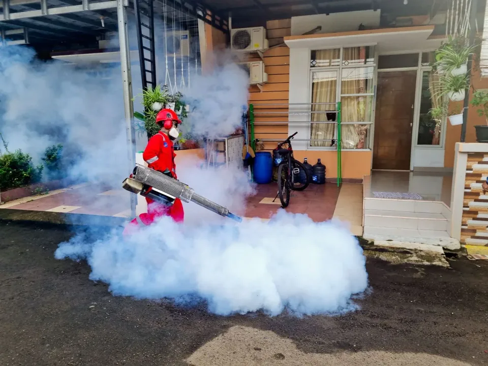 Pest Control Technician — Residential Service — Pest Control Technician, Thermal Fogger, Safety Helmet, Pest Control, Pest C…