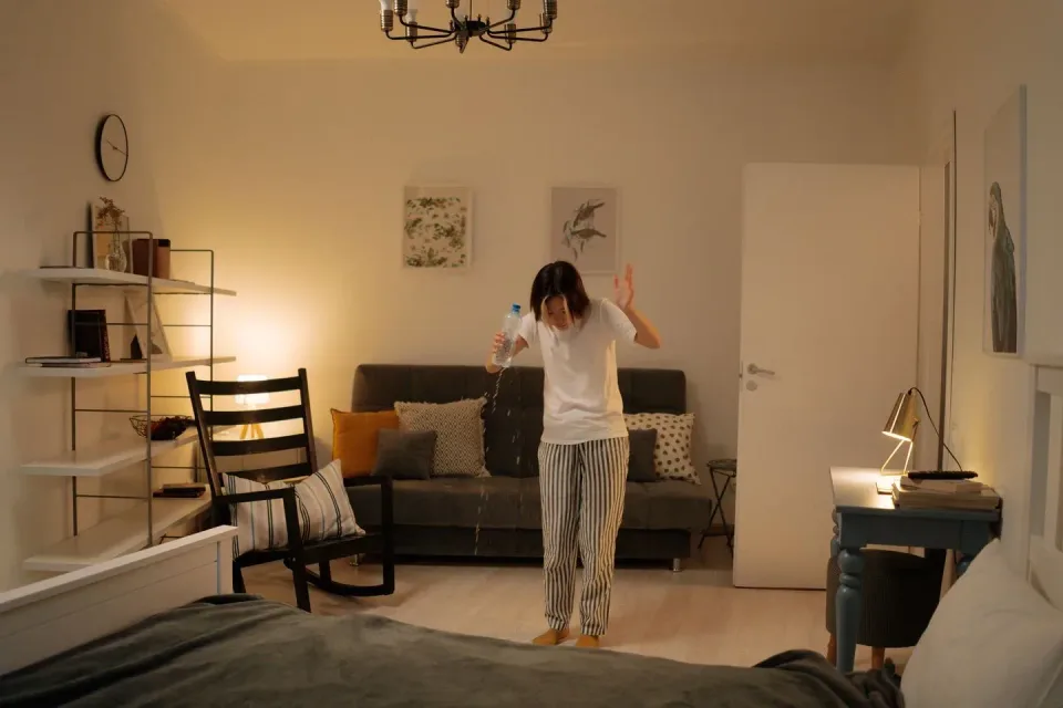 Woman — Residential Interior — Woman, Plastic Water Bottle, Sofa, Residential Interior, Water Damage, Fire Damage B… — view 2